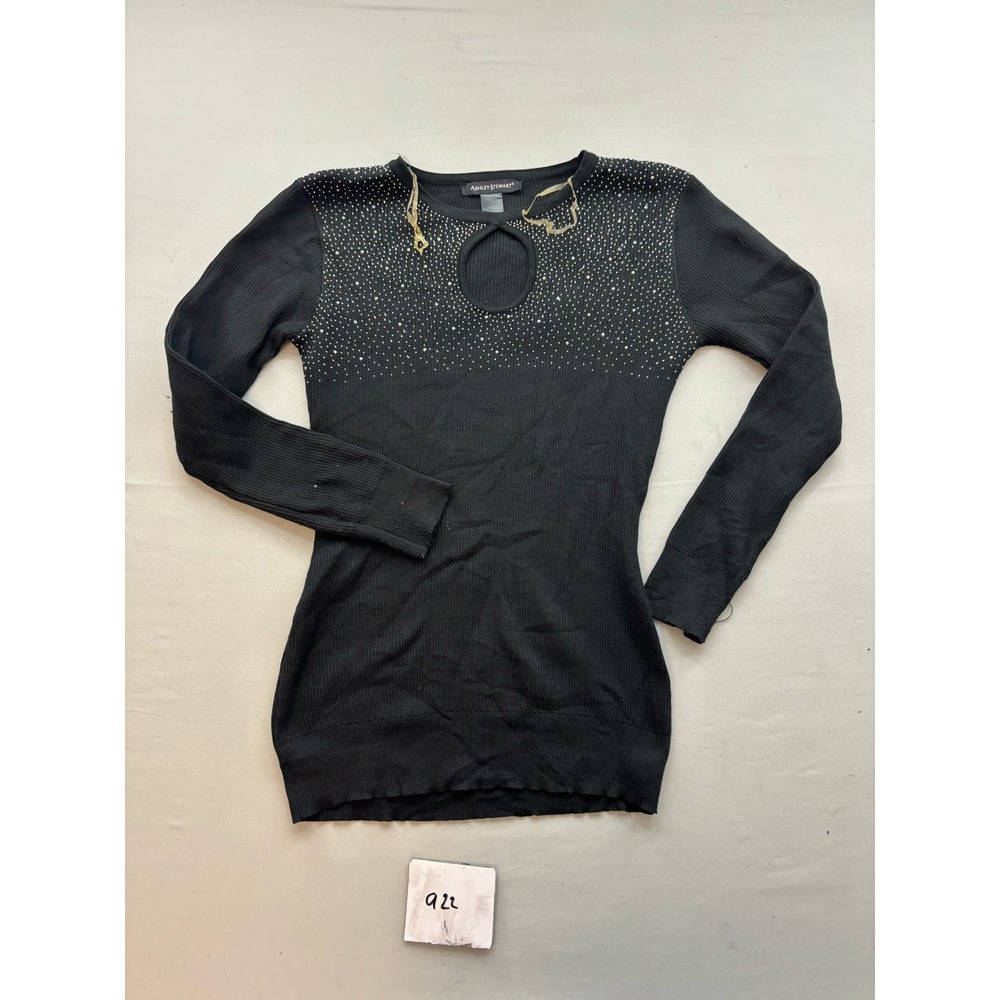 Ashley Stewart Black Rhinestone Keyhole Ribbed Knit Top Long Sleeve 14/16